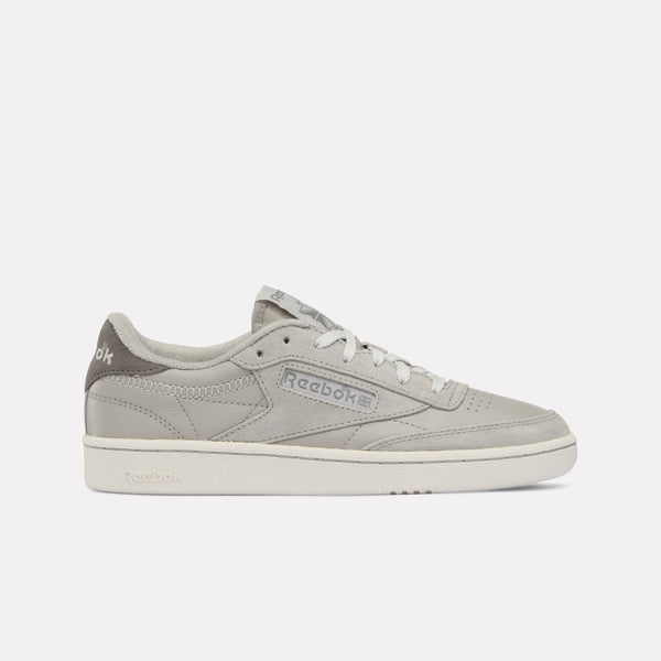Grey Reebok Club C 85 Vintage Women's Sneaker with white sole on a light grey background
