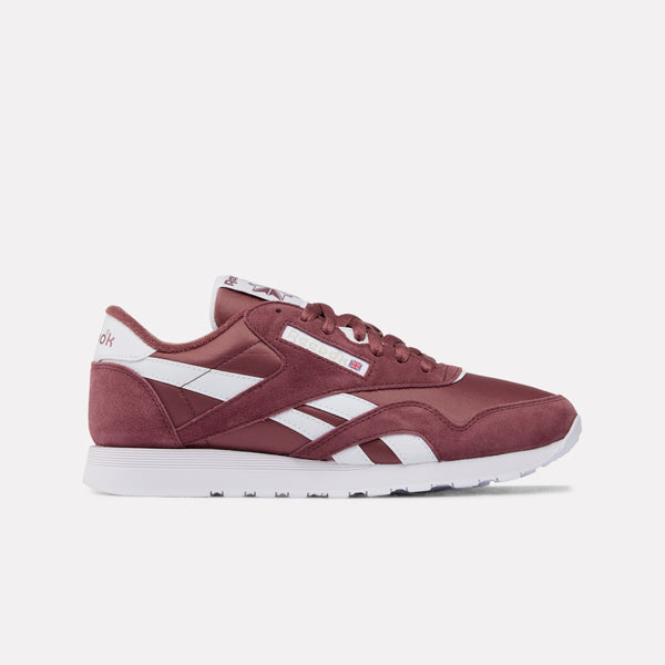 Classic Nylon Maroon sneaker with white accents on a light gray background
