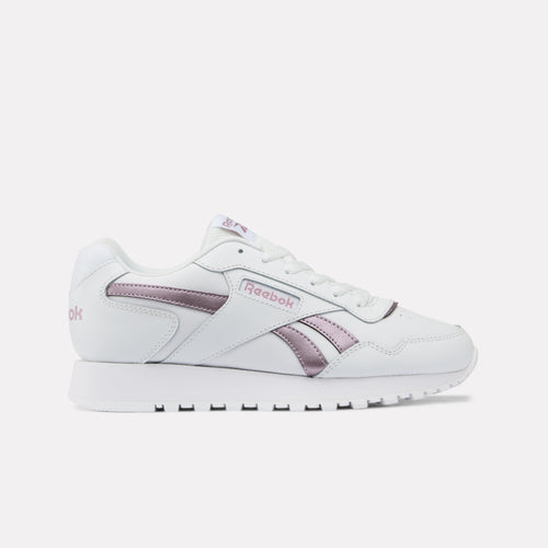 White Reebok Glide Women's Sneaker with pink accents on a white background