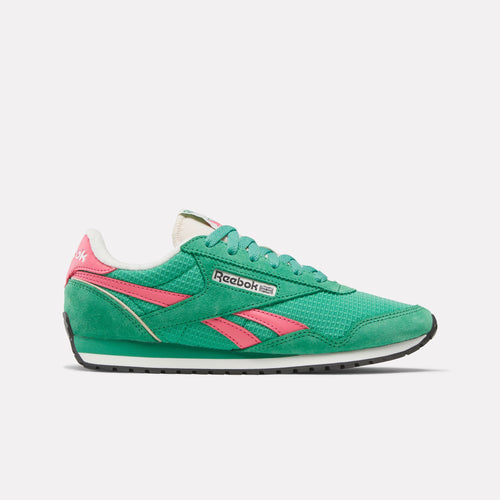 Green Reebok Classic AZ Women's Sneaker with pink accents on a white background