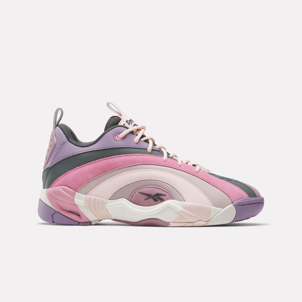 Reebok Pink and purple Shaqnosis Low Sneaker on a white background
