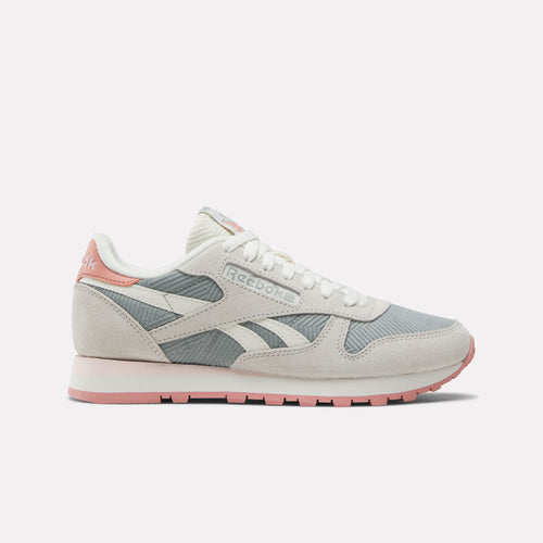 Grey and pink Classic Leather Women's Sneaker on a white background