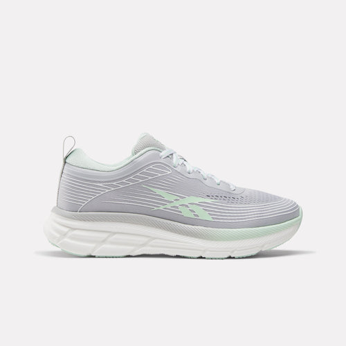 Grey Reebok Road Strider Women's Shoes with green accents on a white background