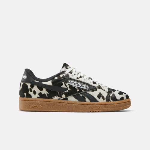 Reebok Club C Grounds UK Women's Sneaker with cow print pattern on a white background