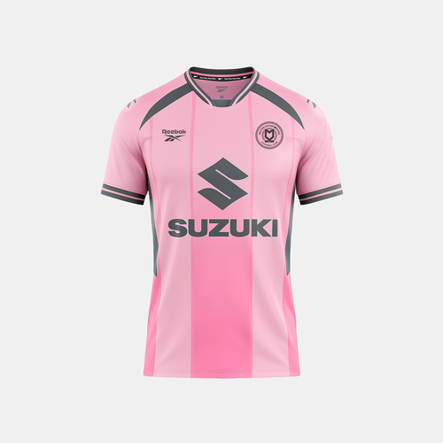 Rožinė MK Dons trečioji vyrų žaidimo marškinėliai su Reebok logotipu ant balto fono