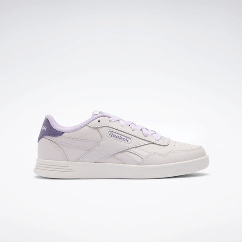White Reebok Court Advance Women's Sneaker with purple accents on a white background