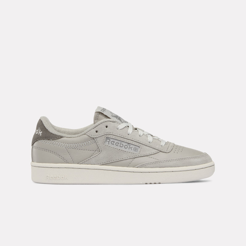 Grey Reebok Club C 85 Vintage Women's Sneaker with white sole on a light grey background