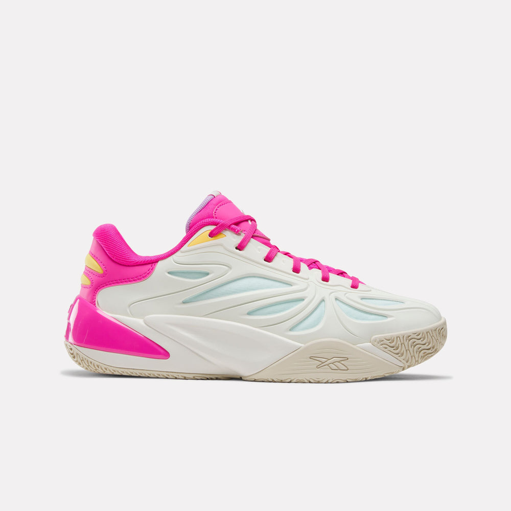 A Reebok x Barbie x Angel Reese 1 Basketball Shoes in white, bright pink, and light blue, shown from a side profile on a light gray background.