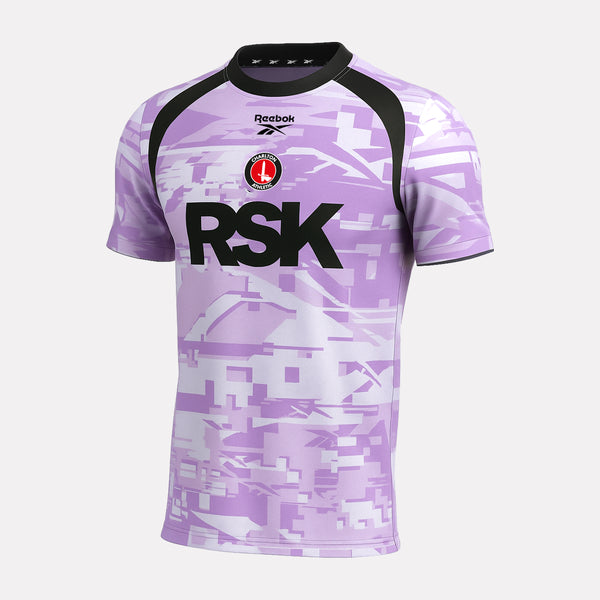 Purple Charlton Athletic Third Goalkeeper Boy's Shirt with black accents and 'RSK' branding on a white background
