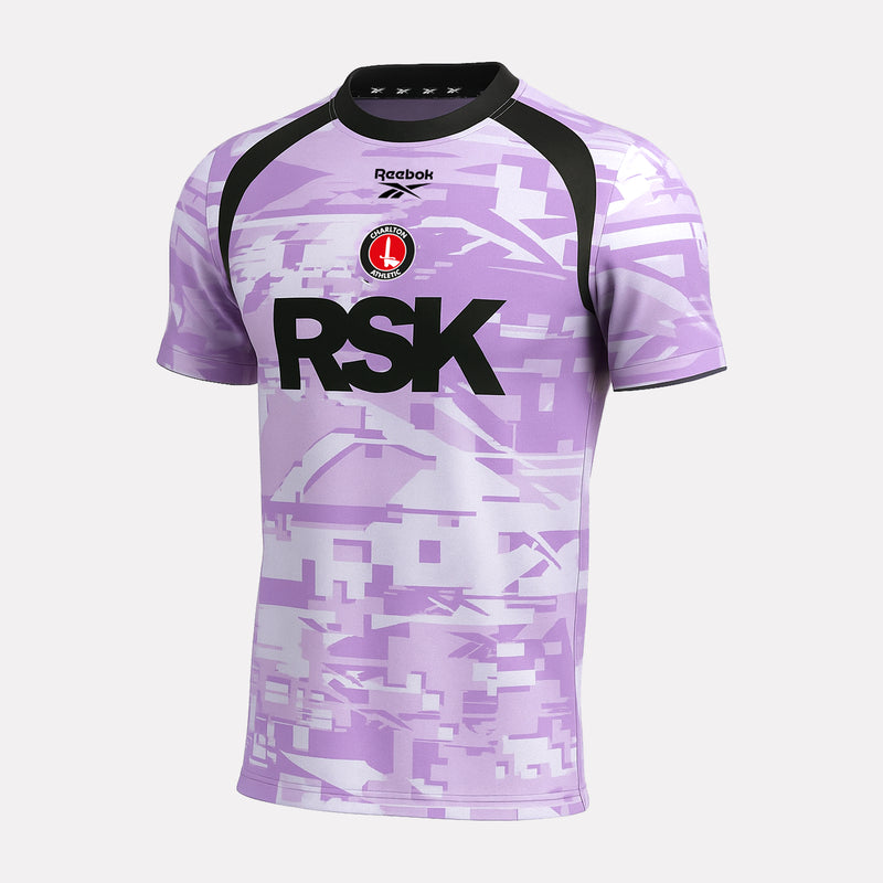 Purple Charlton Athletic Third Goalkeeper Boy's Shirt with black accents and 'RSK' branding on a white background